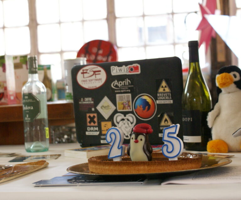 Anniversaire des 25 ans - Gateau avec Tux sur le Stand, avant allumage des bougies Anniversaire des 25 ans - Gateau 3 (CC-BY-NC-SA)