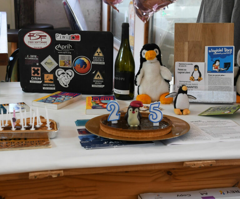 Anniversaire des 25 ans - Gateau avec Tux sur le Stand, avant allumage des bougies Anniversaire des 25 ans - Gateau 2 (CC-BY-NC-SA)